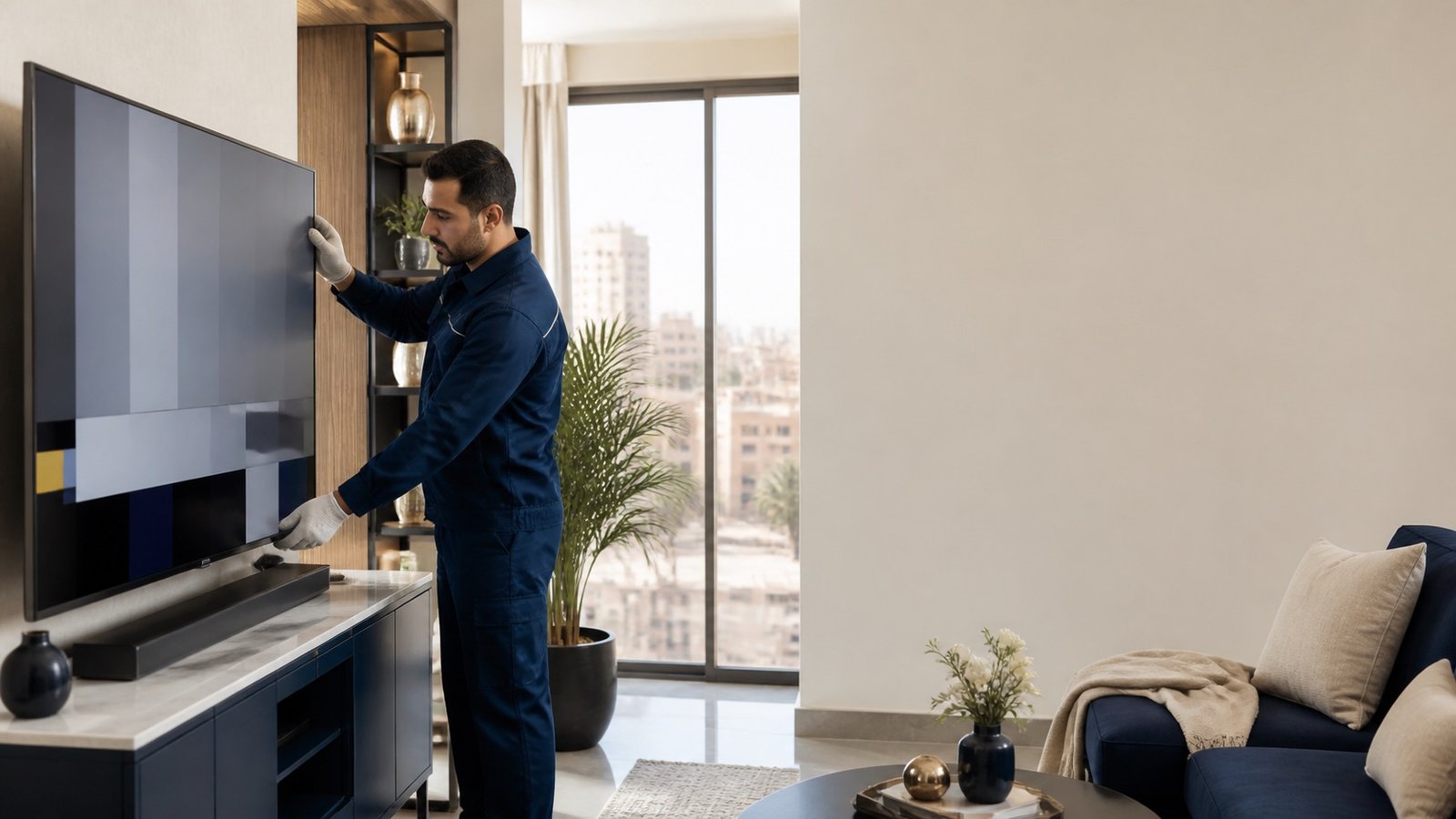 فني Cairo Tech أثناء فحص الشاشات شارب